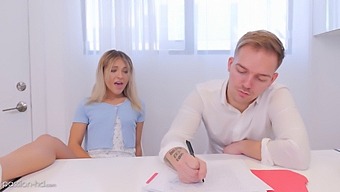 A Blonde Babe Gets Her Tight Pussy Fucked By Her Tutor During A Study Session